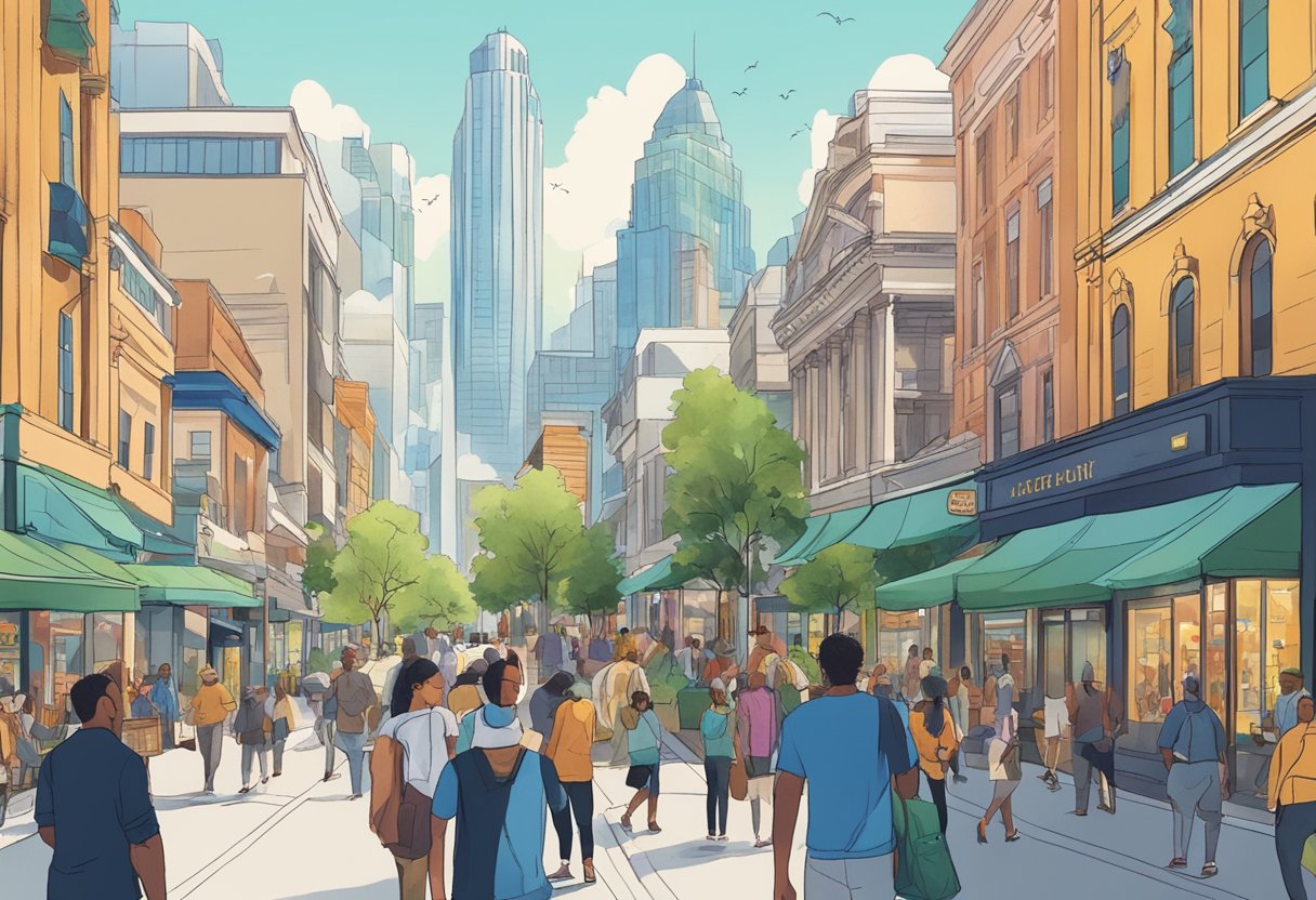 A bustling city street with CBD shops and people enjoying its effects