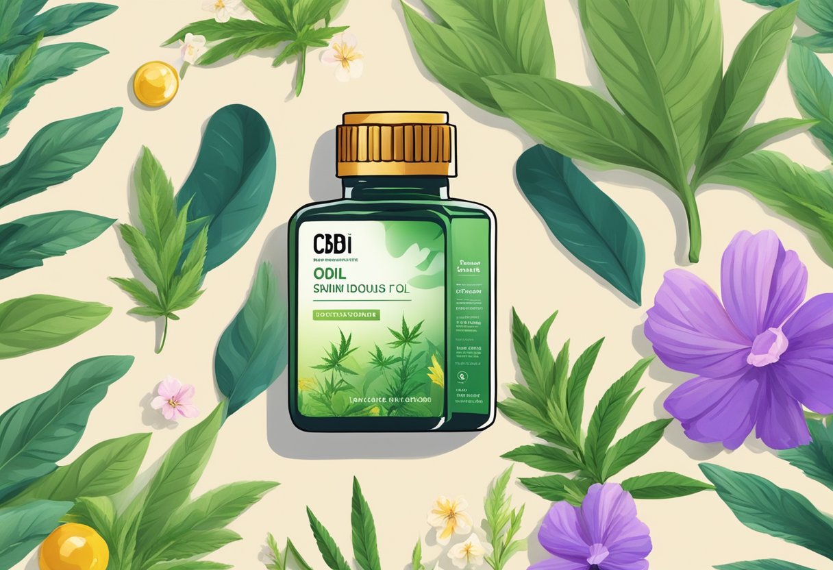 CBD oil bottle surrounded by colorful botanicals and a serene, natural setting