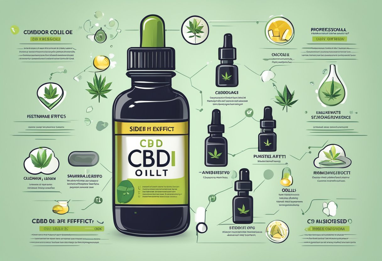 A bottle of CBD oil surrounded by safety symbols and a list of potential side effects
