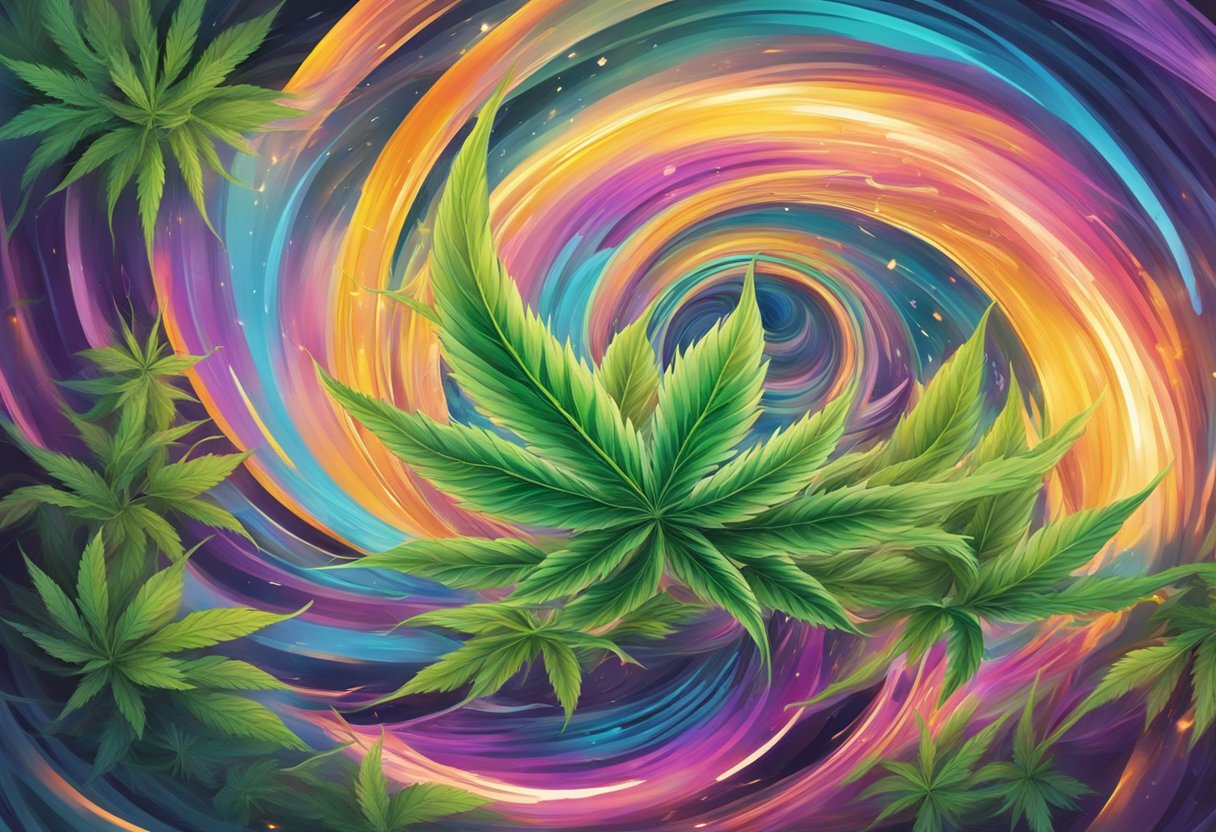 A colorful, swirling vortex of energy emanates from a cannabis plant, with vibrant waves of light and a sense of euphoria