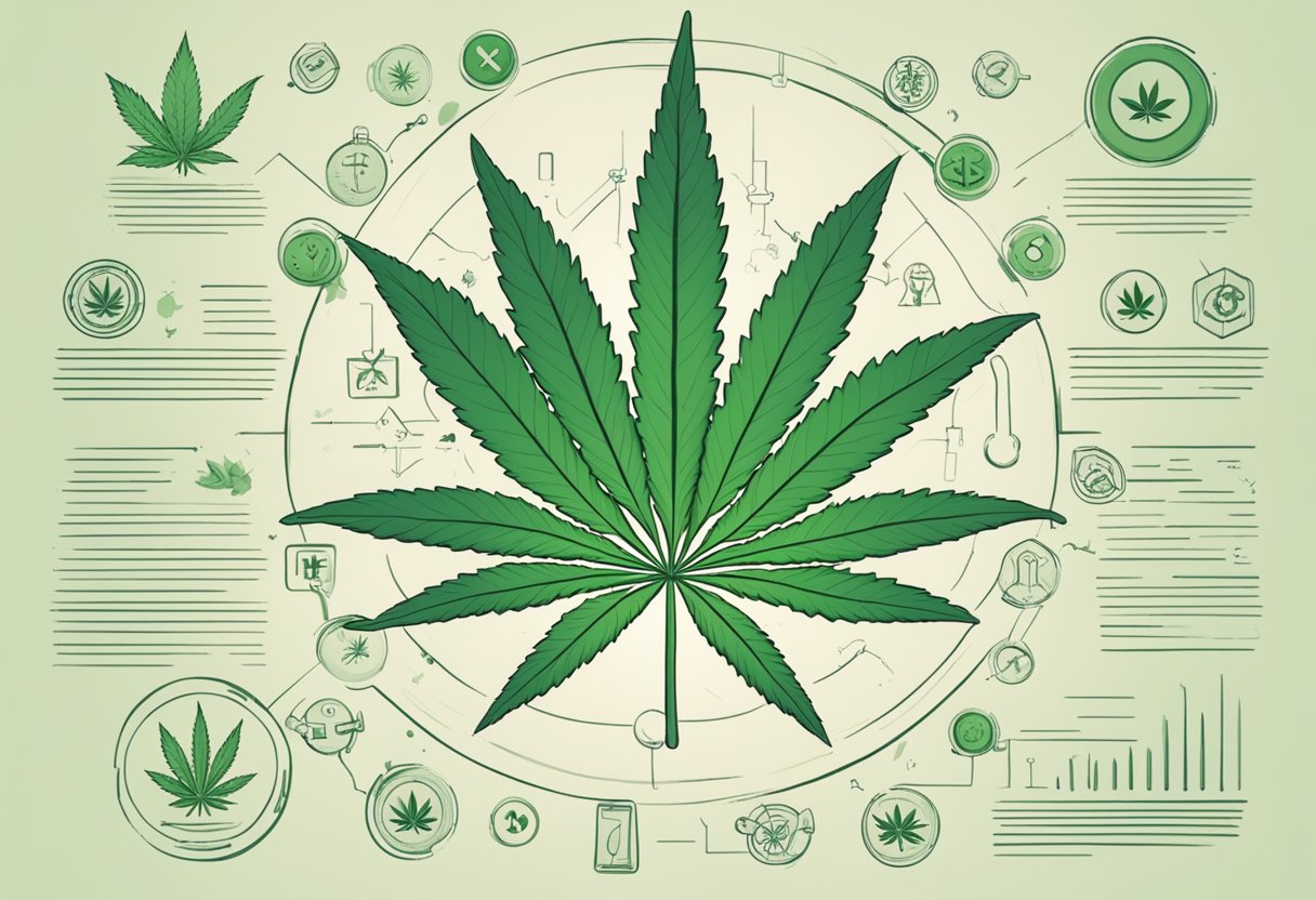 A cannabis leaf surrounded by medical symbols and warning signs, representing the health benefits and risks of consuming THC