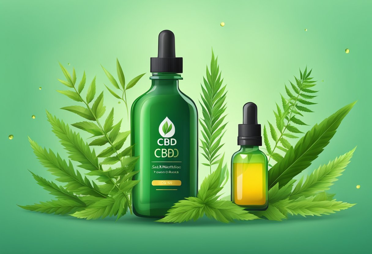 A bottle of CBD oil surrounded by green leaves and natural elements