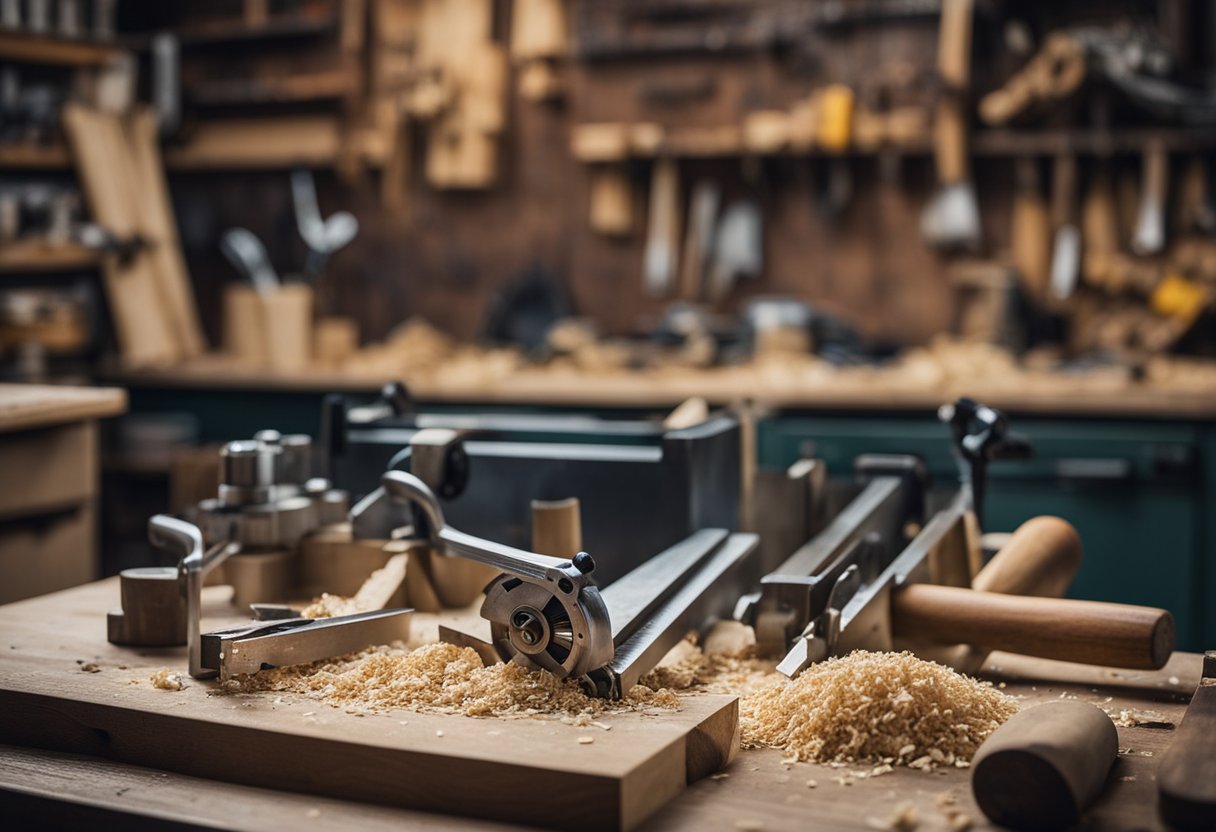 A cluttered workbench with saws, chisels, planes, and measuring tools. Wood shavings and sawdust cover the floor