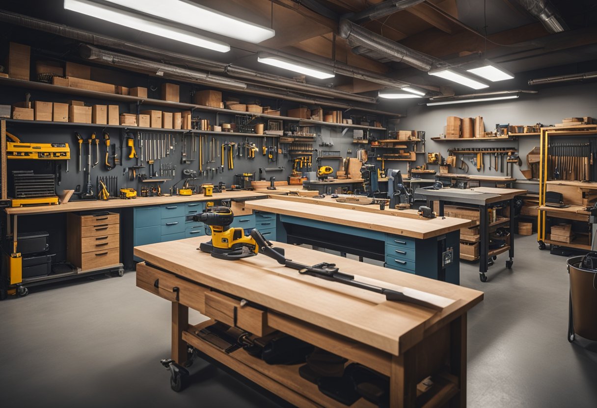 A spacious workshop with essential carpentry tools and equipment neatly organized for easy access and efficient workflow