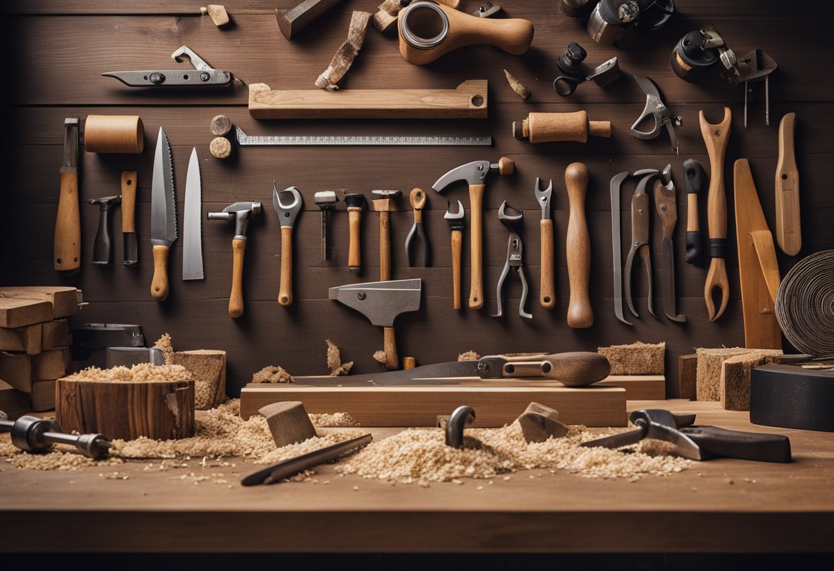 A workbench holds essential woodworking tools: saw, chisel, plane, hammer, and measuring tape. Wood planks and shavings litter the floor