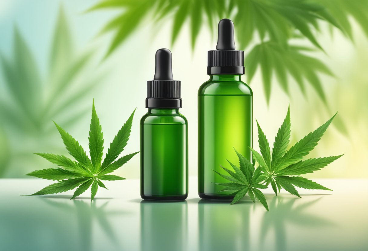 A bottle of CBD oil with a dropper next to it, surrounded by green leaves and a soft natural light illuminating the scene