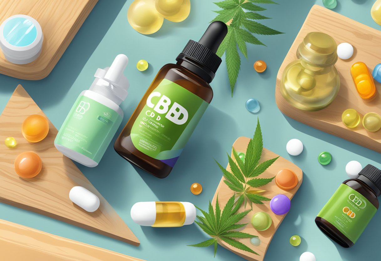 A bottle of CBD oil sits on a wooden table, surrounded by various CBD products such as capsules, creams, and gummies. The scene is calm and inviting, with natural light streaming in from a nearby window