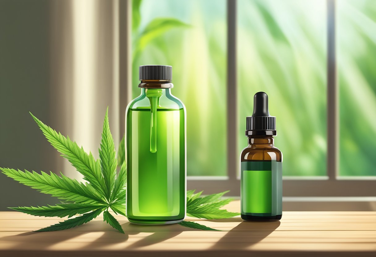A bottle of CBD oil on a wooden table with a dropper next to it, surrounded by green leaves and natural light streaming in from a window