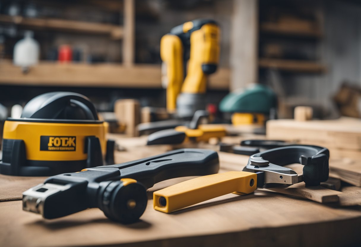 Essential safety equipment and tools for a carpentry workshop