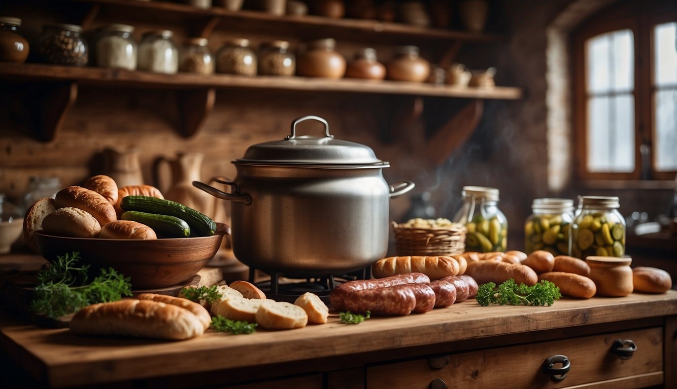 A cozy Bavarian kitchen with steaming pots, a rustic wooden table, and shelves filled with jars of pickles, sausages, and freshly baked bread