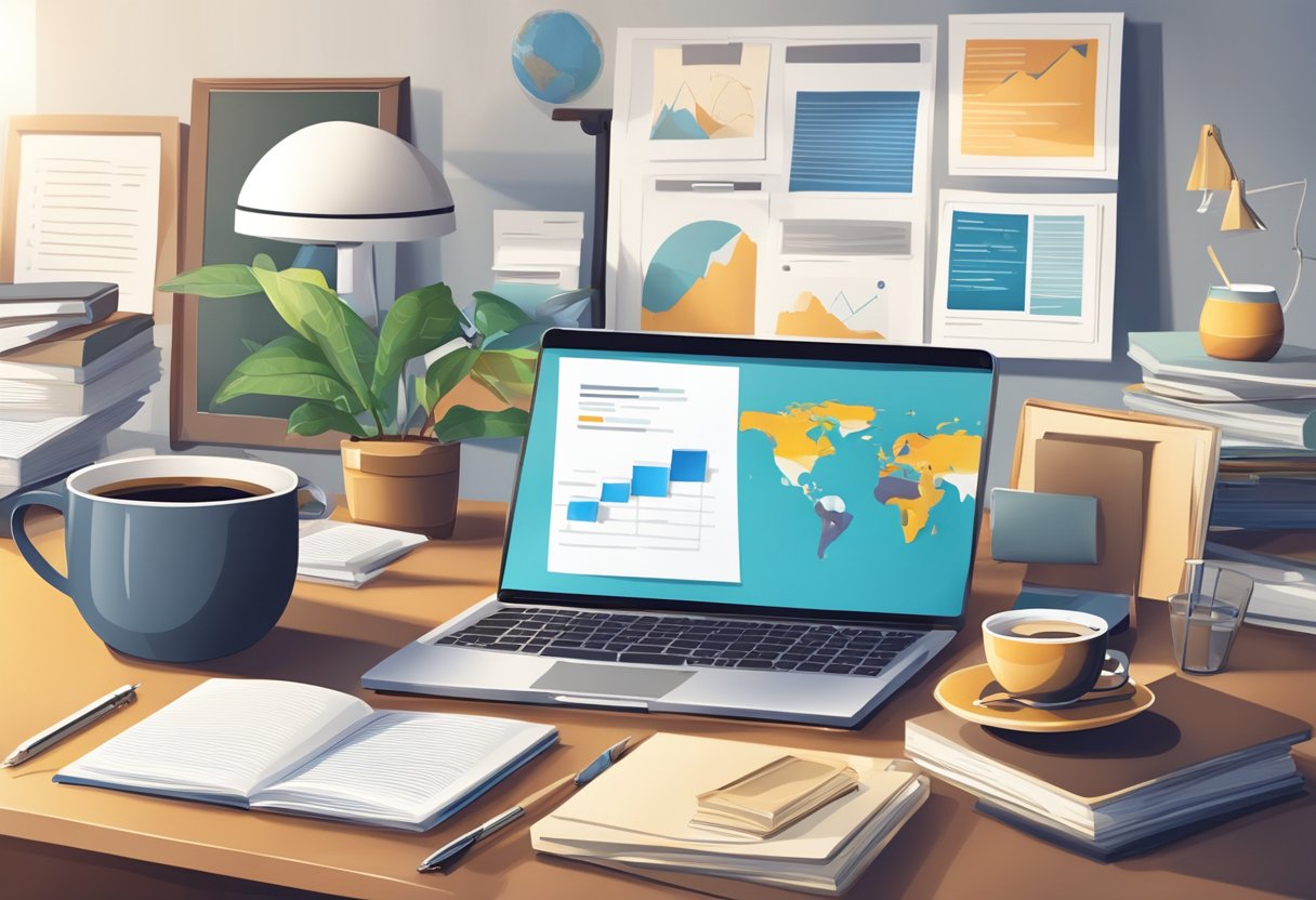 A desk cluttered with business documents, a laptop, and a cup of coffee. A framed family photo sits beside a prestigious award. A stack of books on entrepreneurship and a globe complete the scene