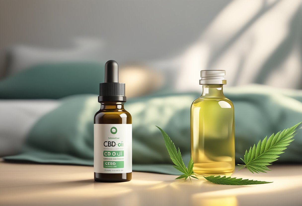 A bottle of CBD oil sits on a bedside table, surrounded by a calming atmosphere of soft lighting and comfortable bedding