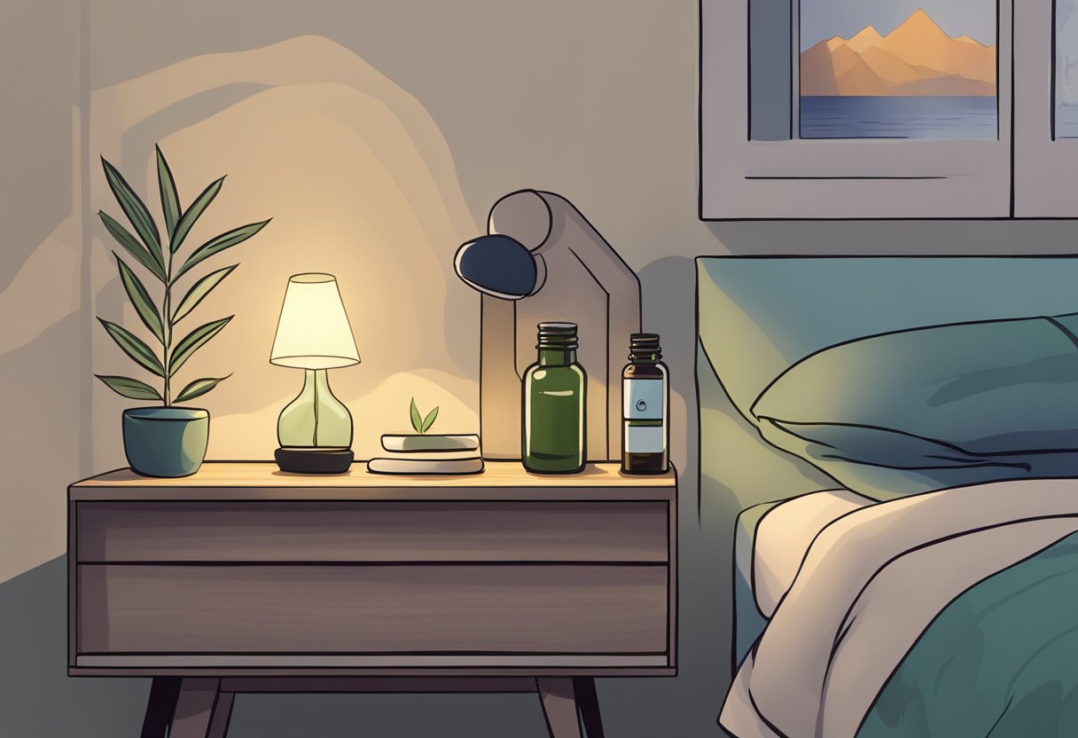 A serene bedroom with calming colors, a dimly lit lamp, and a bottle of CBD oil on a nightstand
