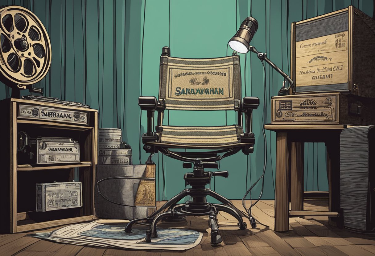 A spotlight shines on a film reel, clapperboard, and director's chair with the name "Saravanan" embroidered on it. Surrounding the scene are posters of his iconic productions