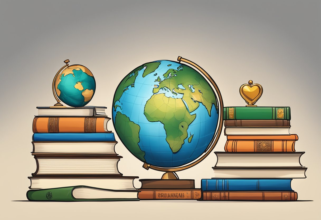 Saravanan's philanthropic work depicted through a stack of books, a globe, and a heart symbolizing his dedication to education and global welfare