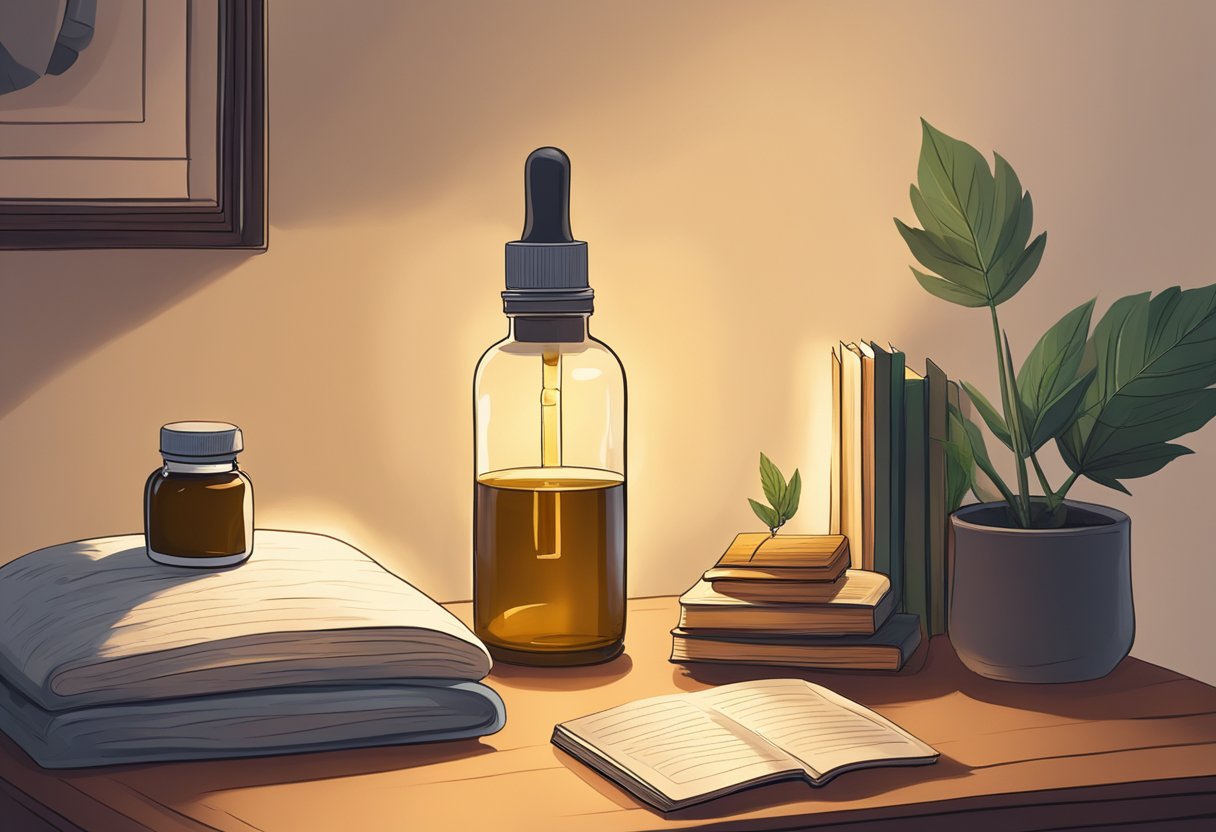 A bottle of CBD oil sits on a bedside table, accompanied by a book and a cozy blanket. The room is dimly lit, creating a peaceful and relaxing atmosphere