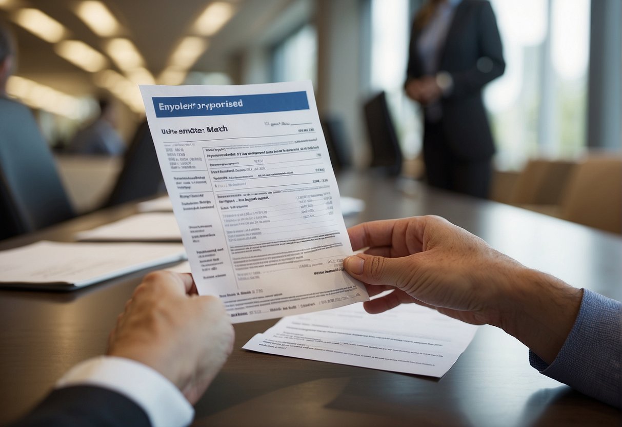 An employer hands a document titled "Employer-Sponsored Match" to an employee, with a 401k plan highlighted