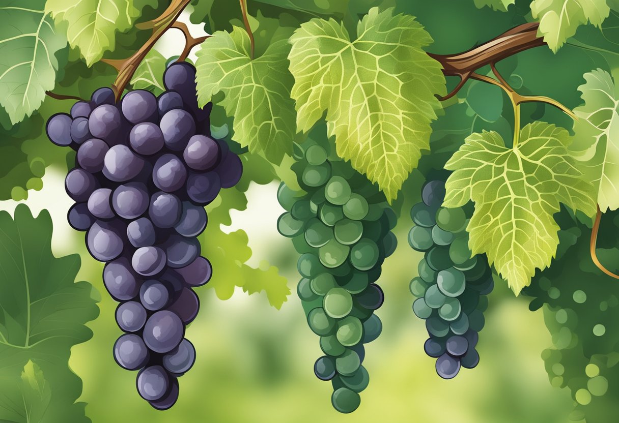 Healthy grape vines with vibrant green leaves, but also showing signs of disease with wilting, yellowing, and spotted leaves