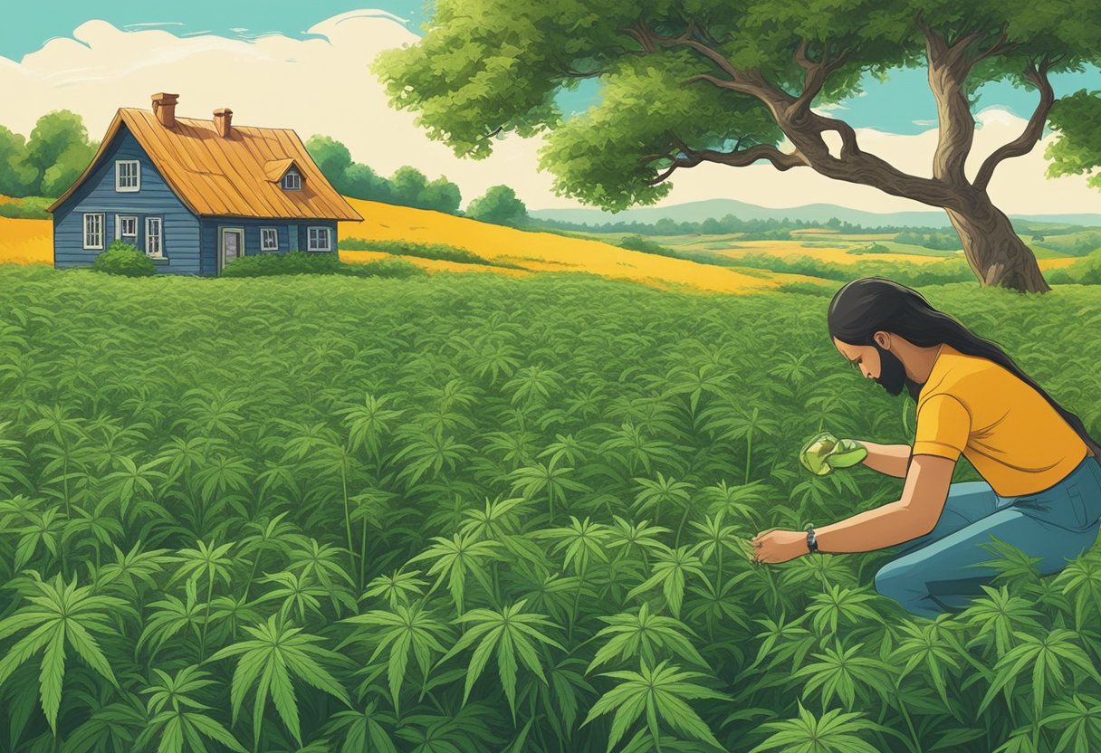 A field of vibrant green hemp plants swaying in the breeze, with a small cottage in the background and a person applying hemp ointment to a jar