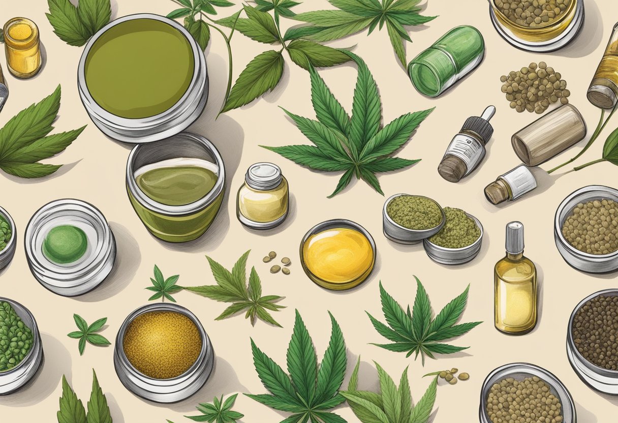 A table with various hemp-based ointments and their ingredients spread out for display