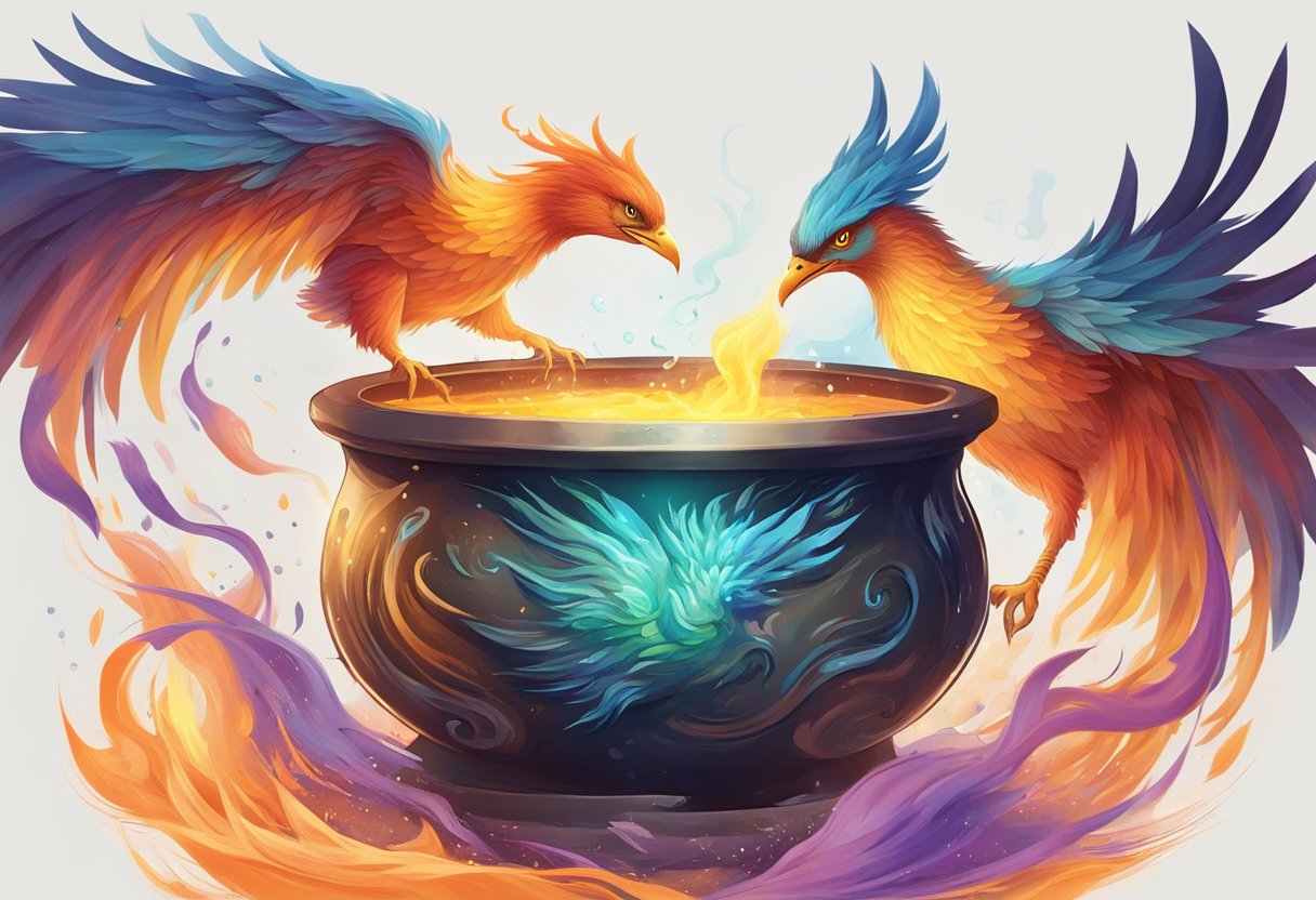 The creation of a phoenix tear, mixing ingredients in a mystical cauldron, with swirling colors and sparking energy