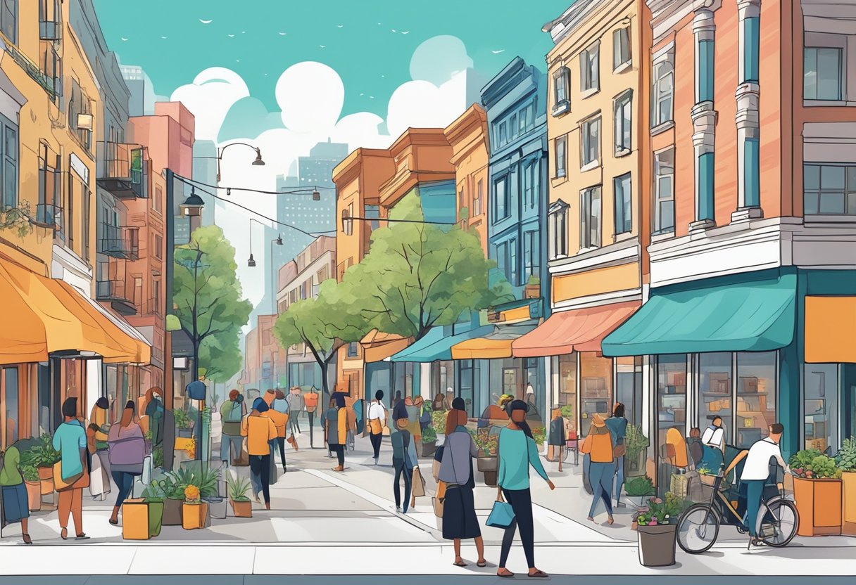 A bustling city street with a mix of Entrepreneurship vs Self Employment working from home. The contrast between traditional storefronts and modern online ventures is evident