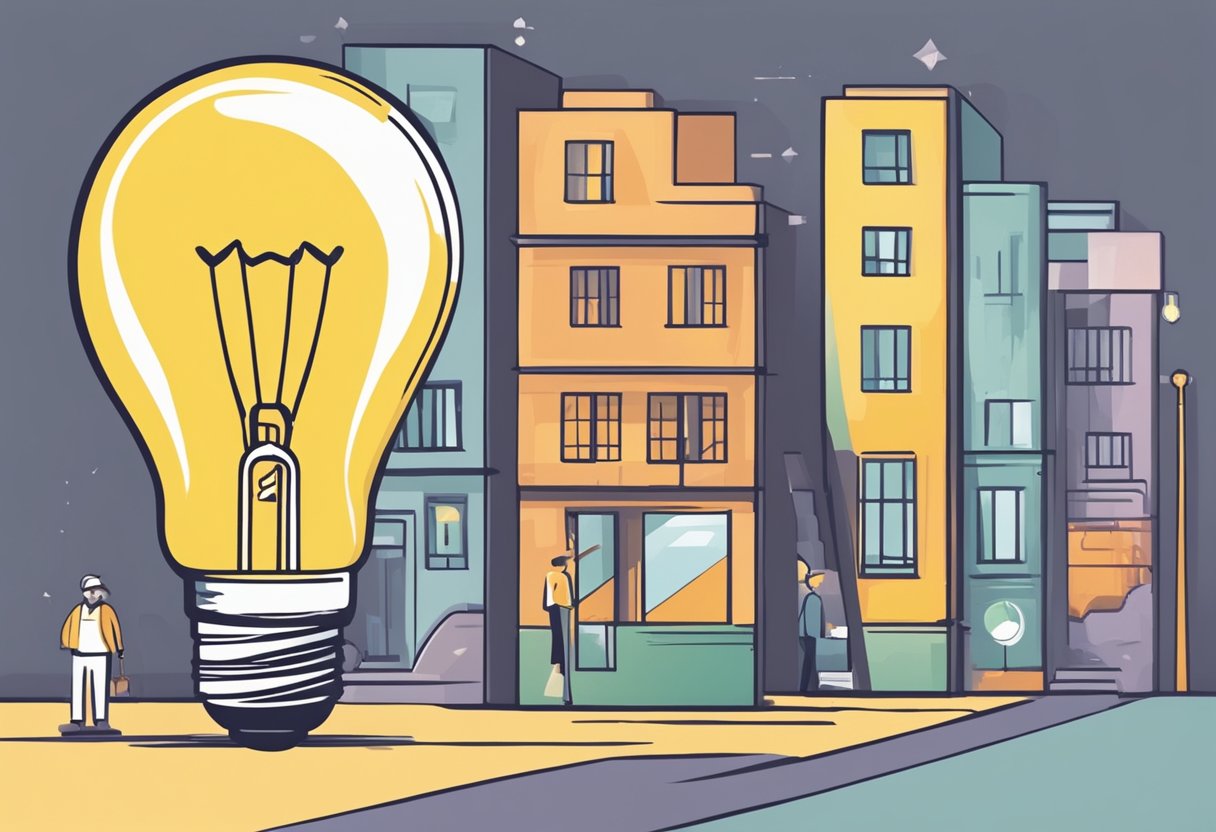 A lightbulb illuminates a path splitting into two signs: "Entrepreneurship" and "Self-Employment". The path of entrepreneurship is filled with challenges and risks, while the self-employment path is more straightforward