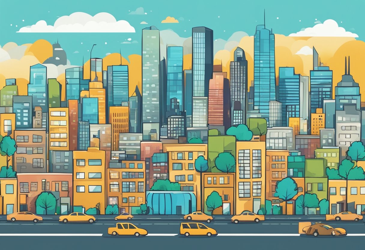 A bustling city skyline with one side showing the challenges of entrepreneurship and the other side showcasing the opportunities of self-employment