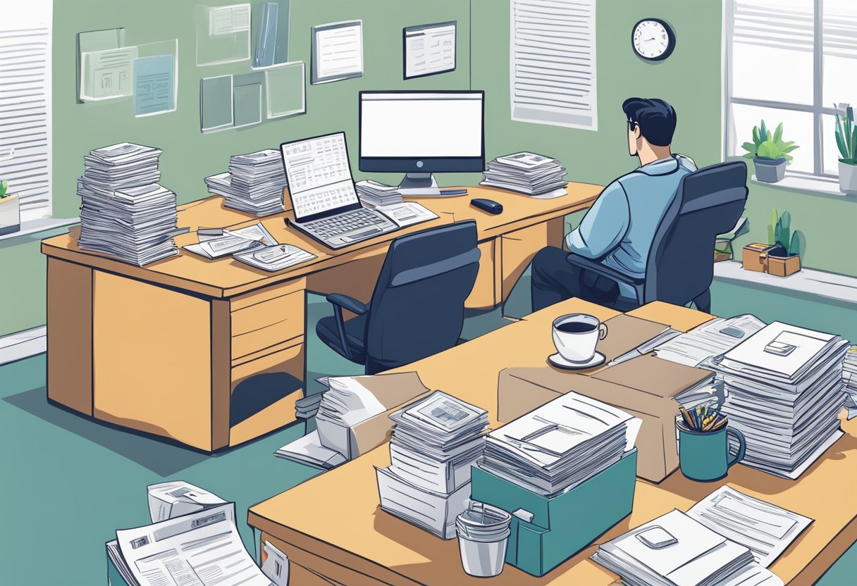 An entrepreneur and a self-employed individual calculating taxes, with stacks of paperwork and a computer on a desk