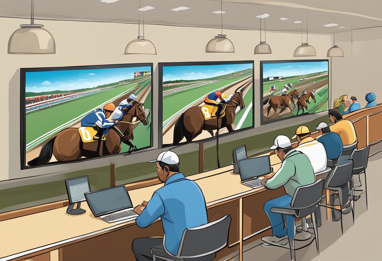 Customers study racing forms, place bets at counters, watch live races on TV screens, and cheer for their chosen horses
