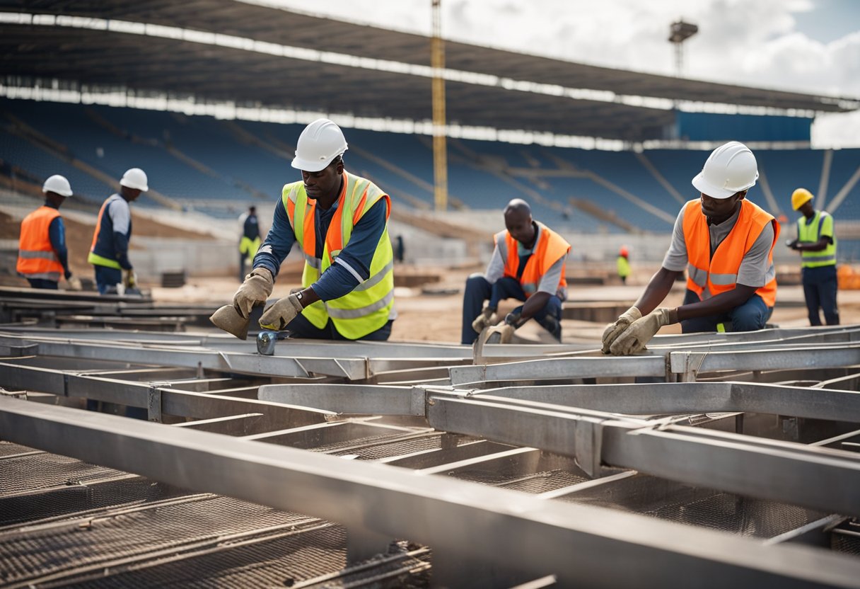 Construction workers assemble steel beams, pour concrete, and install seating at Peter Mokaba Soccer Stadium. Cranes and heavy machinery dot the landscape