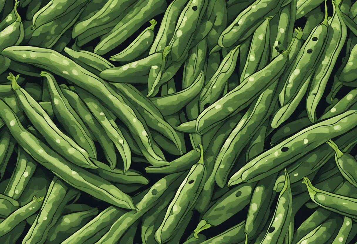 Green beans with black spots scattered across the surface