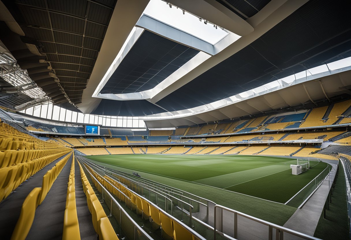 The interior of Peter Mokaba Soccer Stadium showcases modern architectural design with sleek lines, open spaces, and state-of-the-art construction features