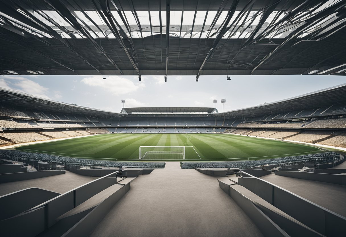 The Peter Mokaba Soccer Stadium features modern architecture, a spacious seating area, and state-of-the-art facilities. The construction site is bustling with workers and heavy machinery