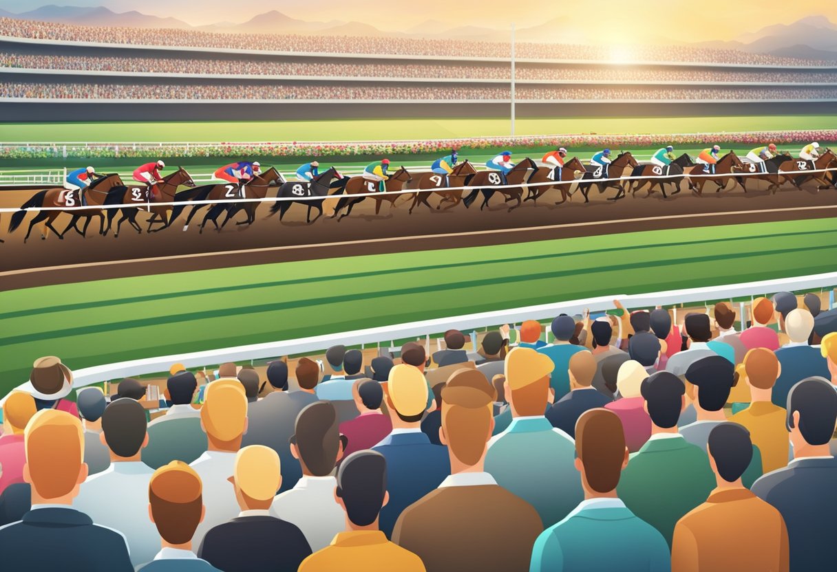 A crowded horse racing track with a large digital display showing the top 10 statistics for betting. Excited spectators and bookmakers fill the stands
