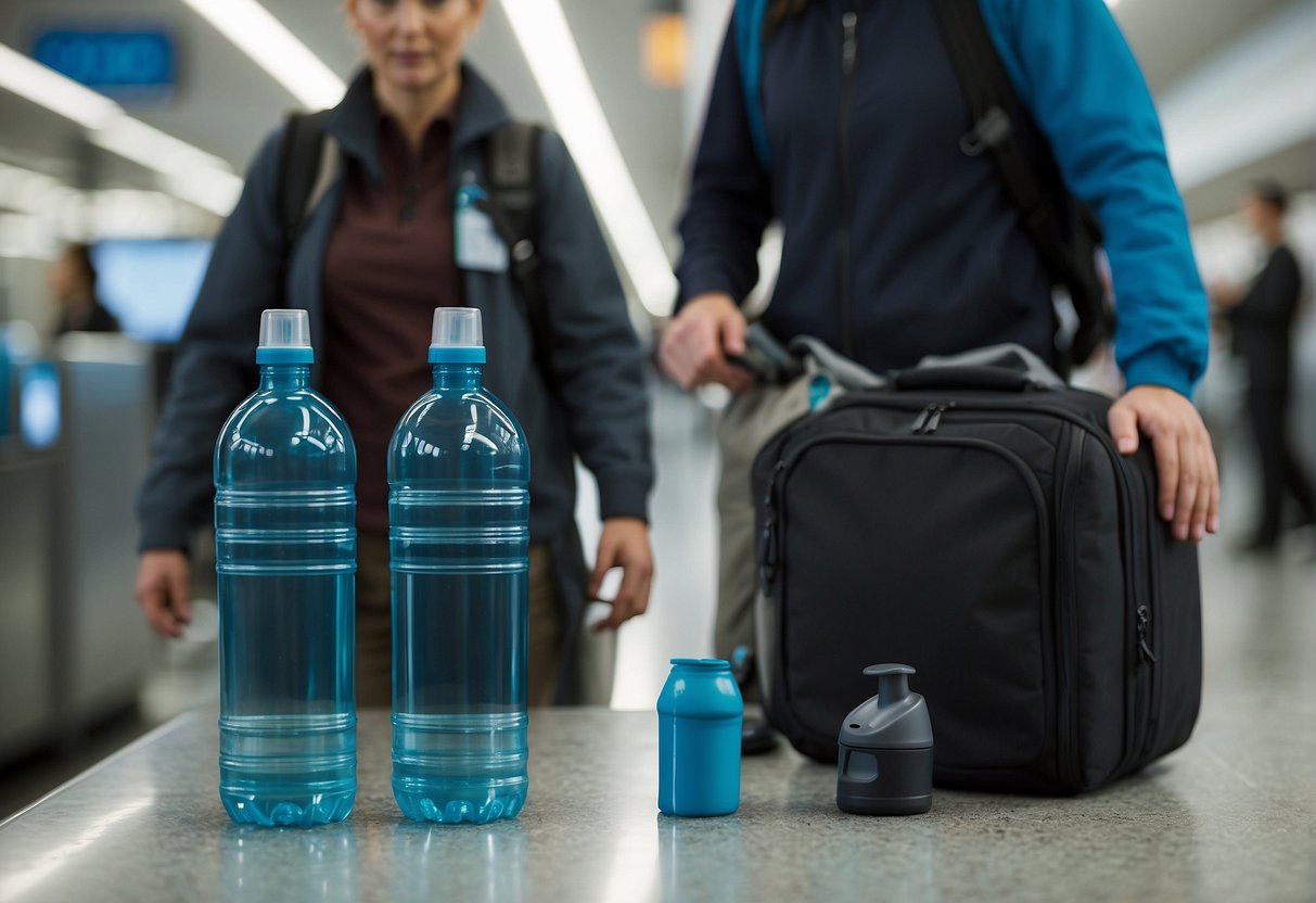 Passengers carry open water bottles through TSA checkpoint. Staff no longer enforce liquid restrictions