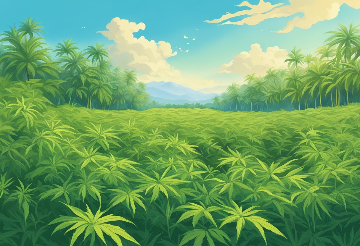 A lush field of sativa indika plants sways in the breeze under a clear blue sky