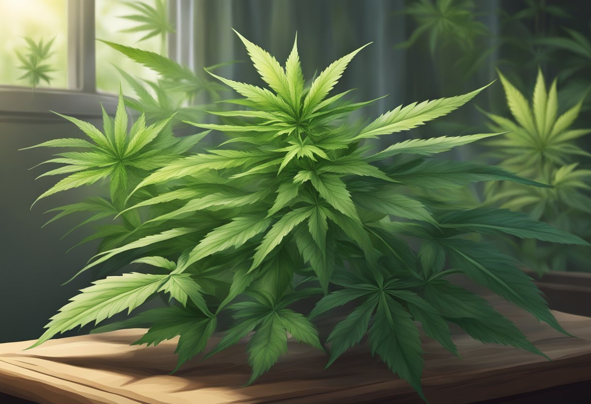 Lush green cannabis plant with broad leaves and thick stems, surrounded by soft natural light and a serene atmosphere