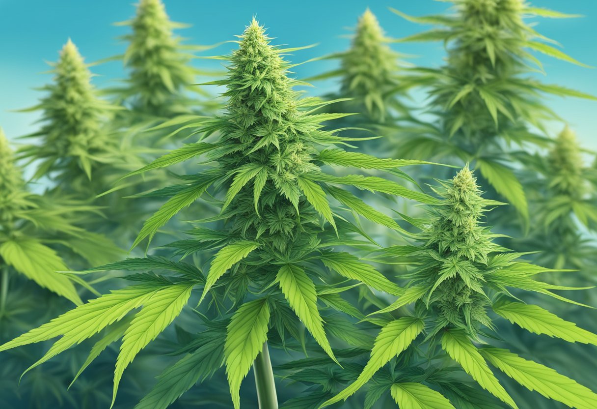 A cannabis plant with distinct sativa and indica characteristics, including tall, thin leaves and a bushy, compact structure