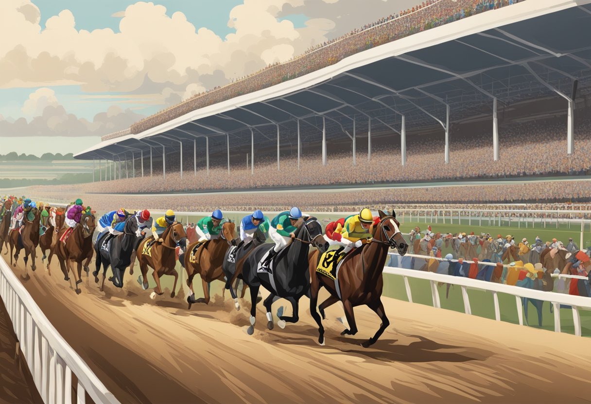 Horses lined up on a racetrack, with jockeys in colorful silks, while spectators watch from the stands. A banner in the background reads "Pedigree Matters in Horse Racing."