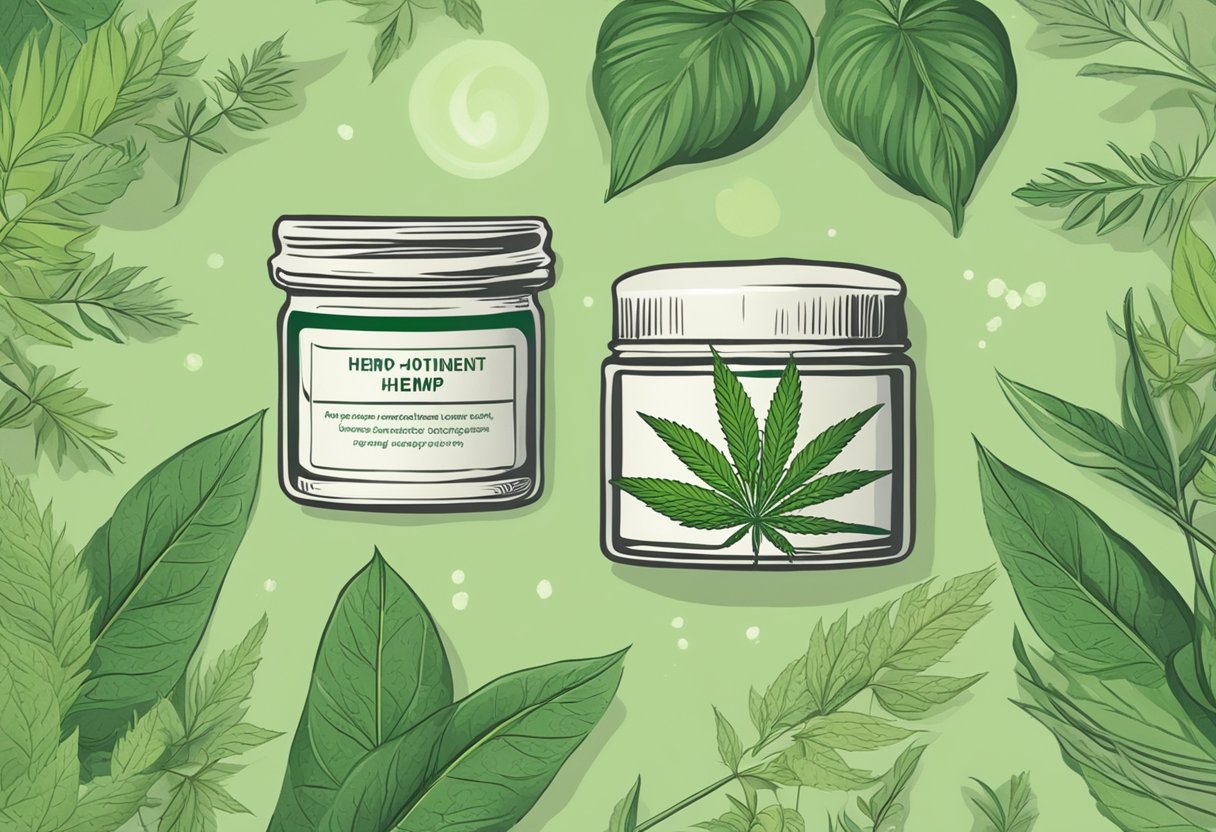 A jar of hemp ointment with a leafy green hemp plant in the background, surrounded by soothing and healing symbols