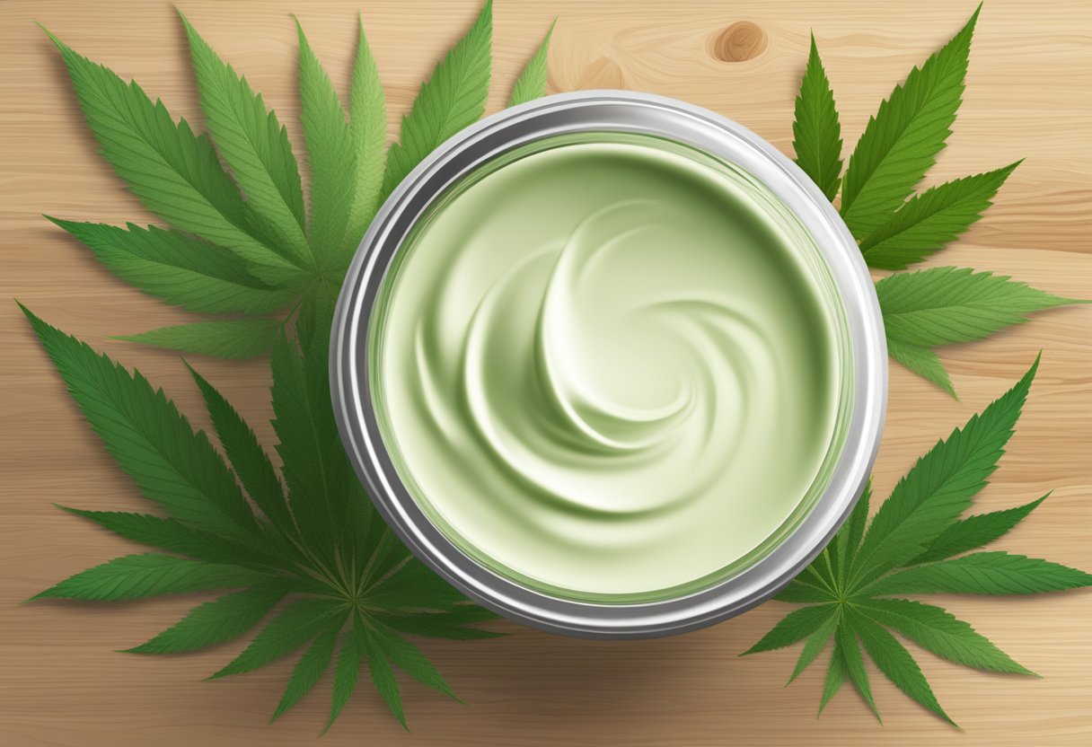 A jar of hemp cream sits on a wooden table, surrounded by green hemp leaves and a soothing, natural backdrop