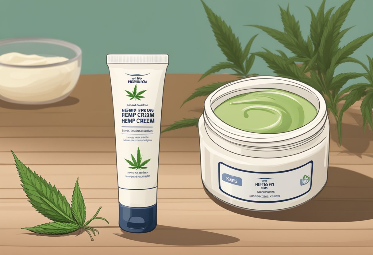A jar of hemp cream sits on a table next to a tube of lotion. A person's irritated skin is shown before and after using the hemp cream