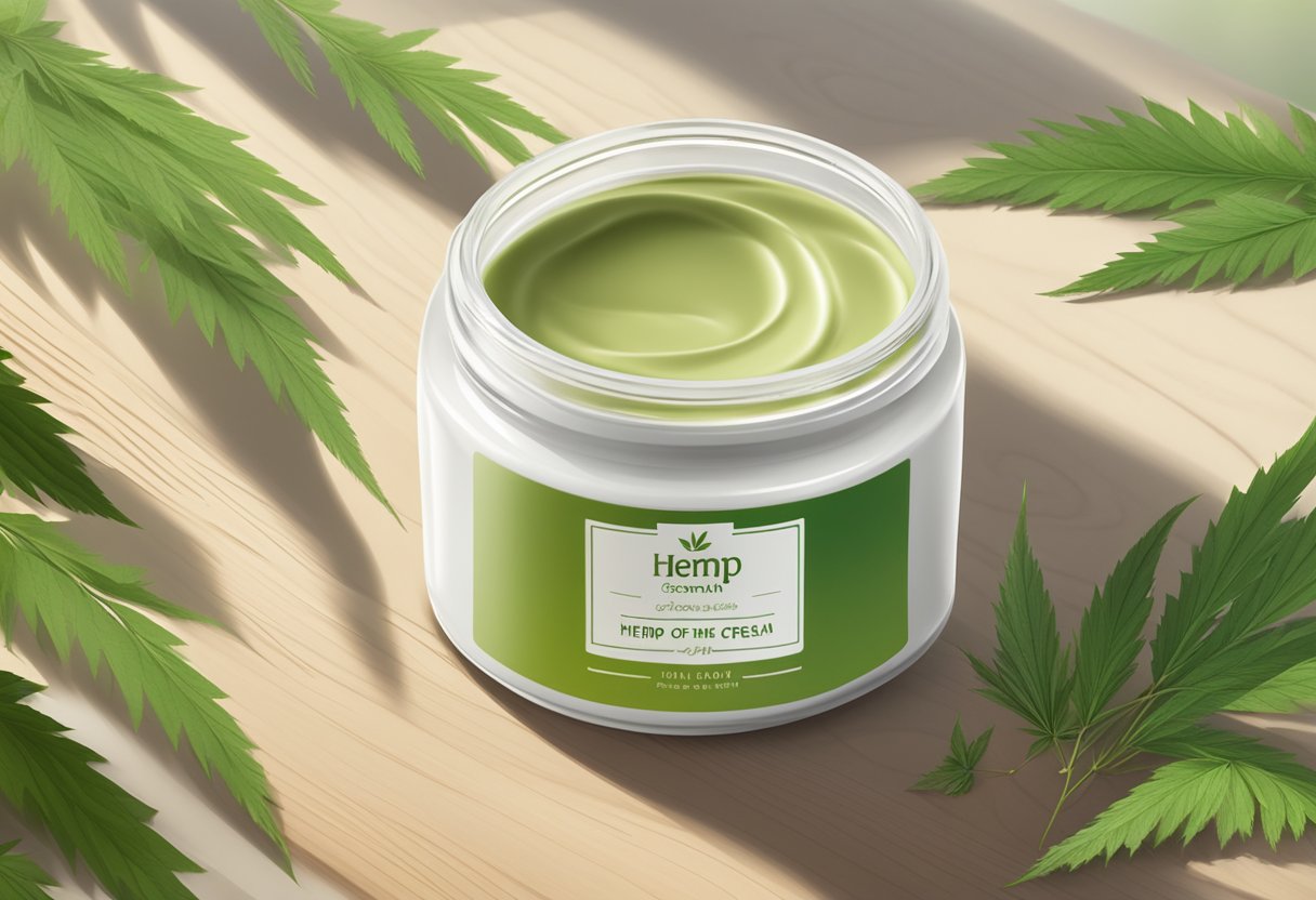 A jar of hemp cream sits on a wooden table, surrounded by soothing greenery and natural light