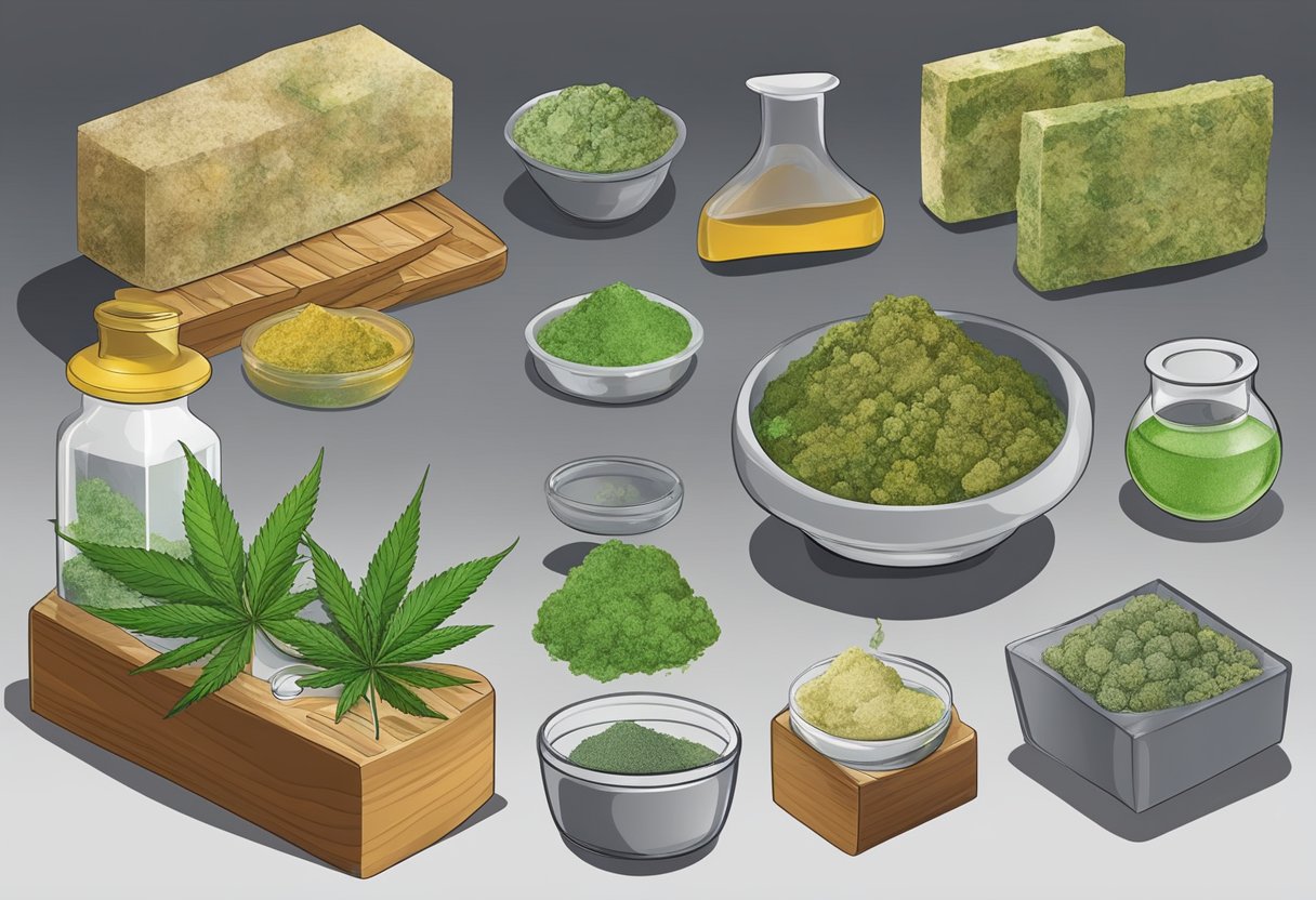 Various methods of producing hashish: grinding cannabis, extracting resin, and pressing into blocks