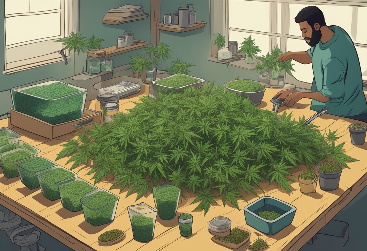 A table covered in cannabis plants, with a person using tools to process and store hashish