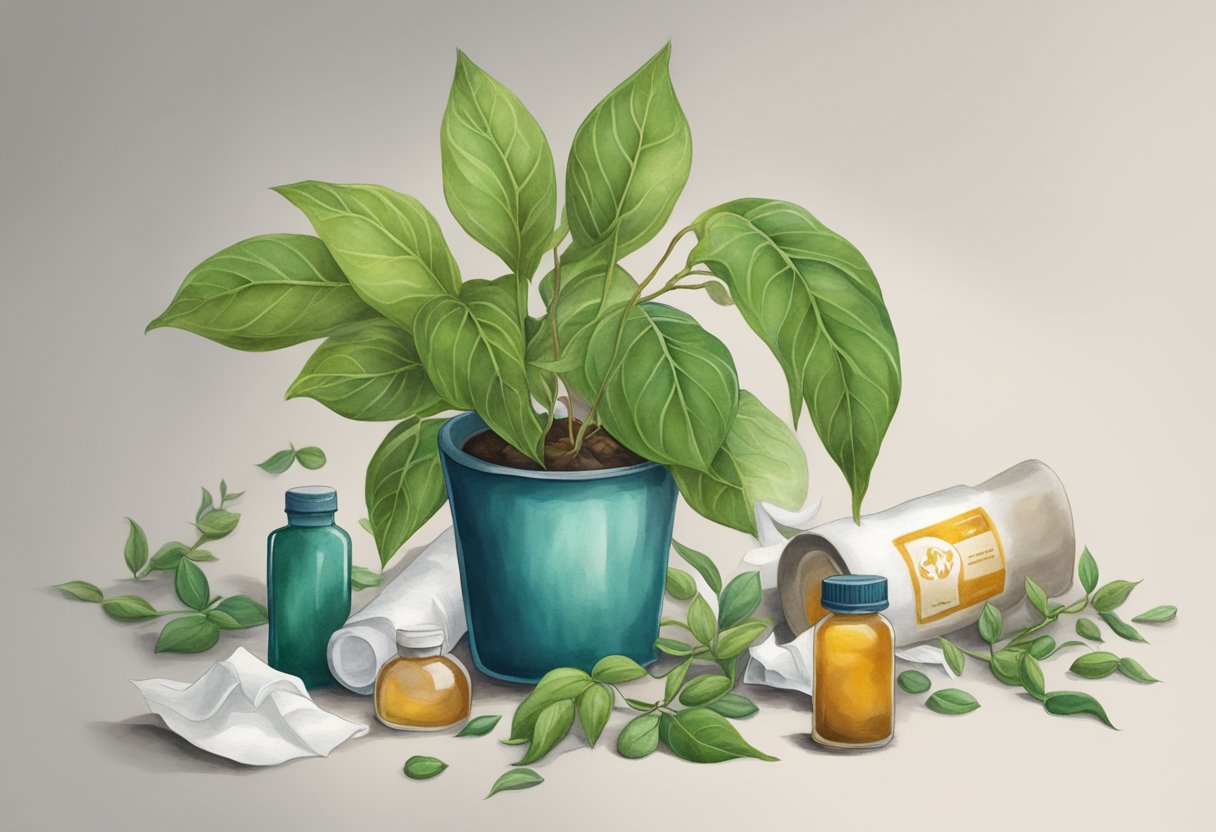 A plant with wilted leaves, surrounded by medicine bottles and a crumpled tissue