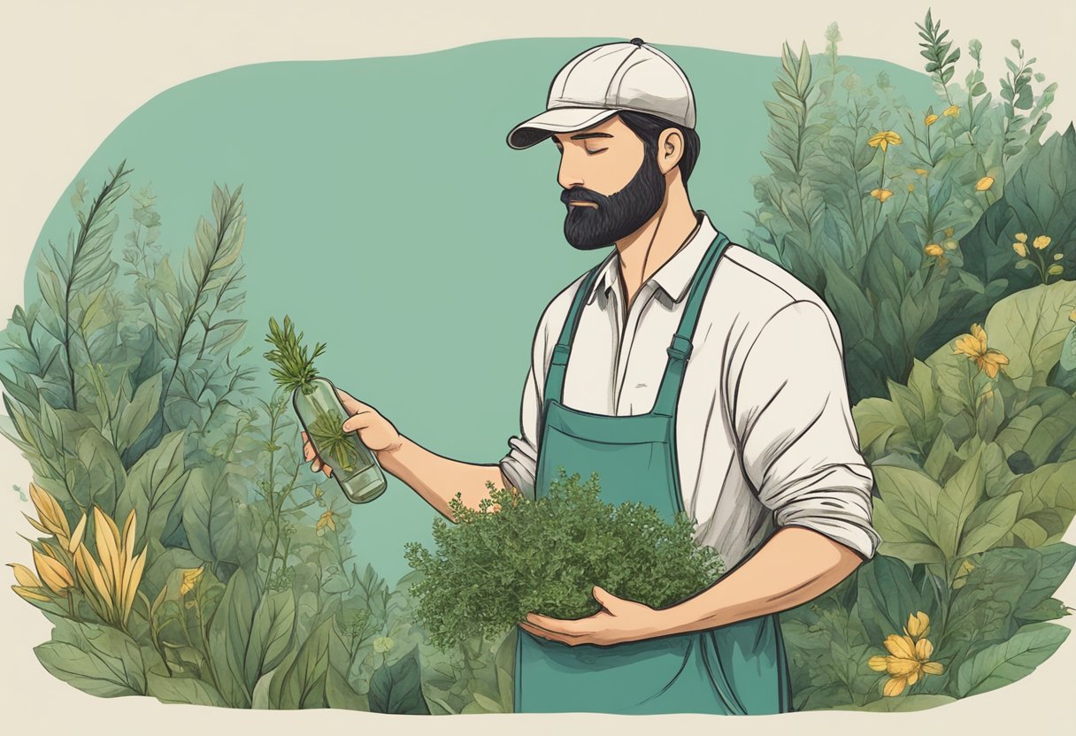 A person holding a bunch of herbs and a bottle, surrounded by nature, with a serene expression on their face