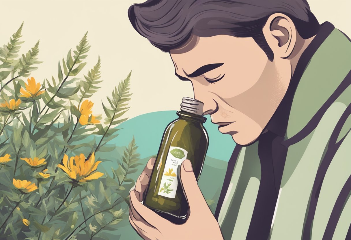 A person holding a herbal remedy bottle, with a head in pain, and a serene background
