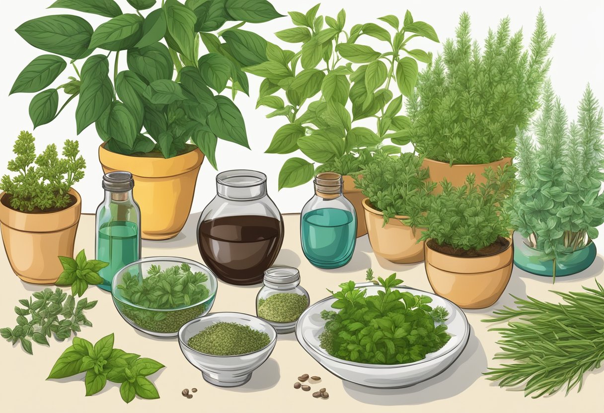 A table with various herbs and plants used for headache relief